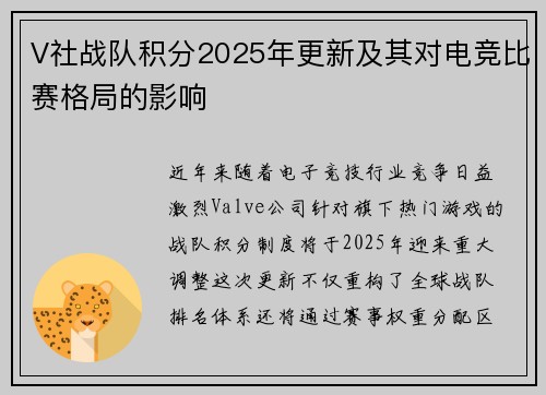 V社战队积分2025年更新及其对电竞比赛格局的影响